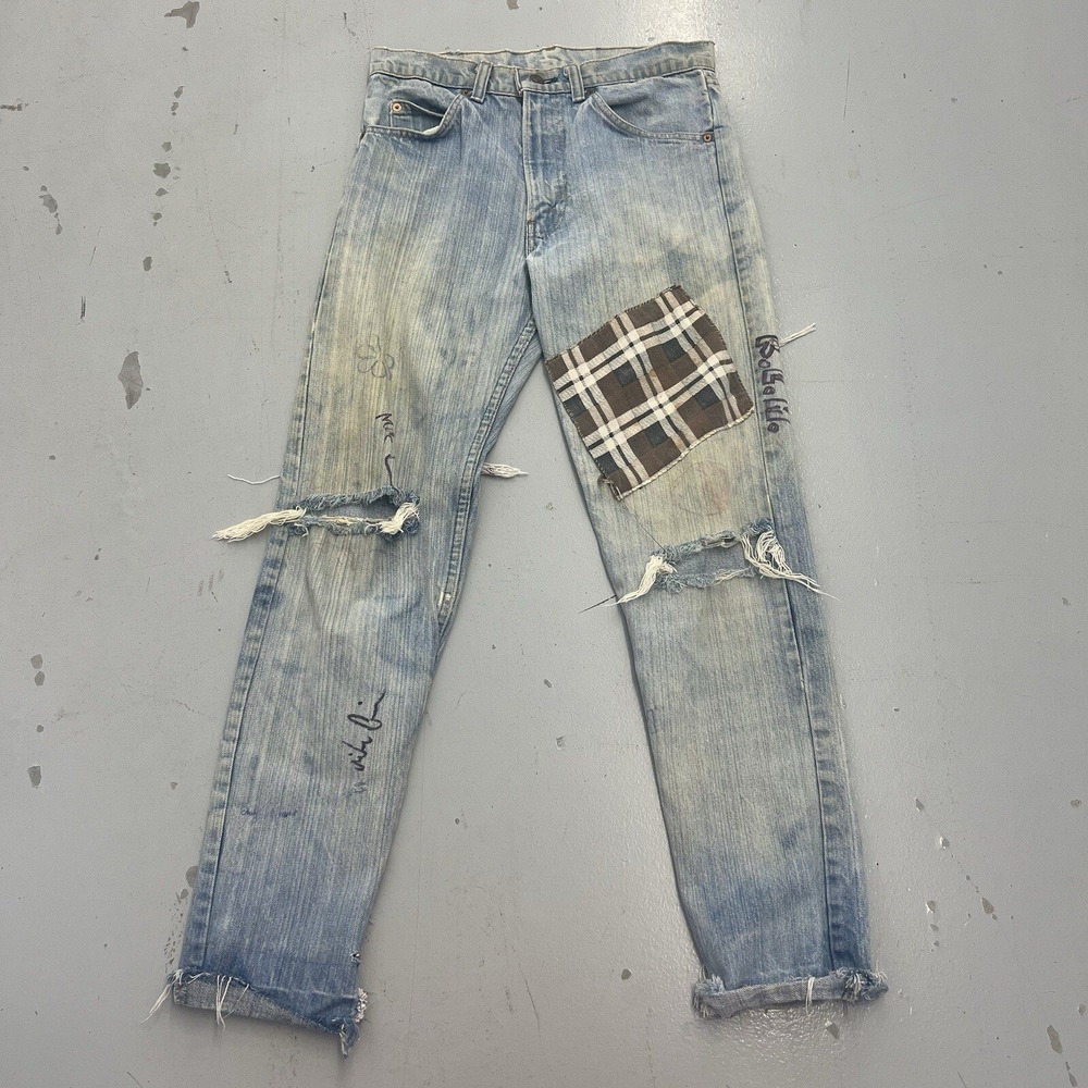 Levis 501 Custom Distressed Graphic Jeans Light Wash Plaid Patch Mens 29x32
